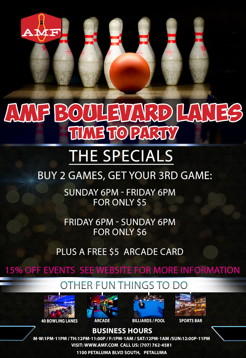 AMF BOULEVARD LANES (PETALUMA, CA) SPESHpage: Bowling, Arcade, Drink, Specials (Bowling, Arcade, pool, pool table. party, party places, party locations, Bar, sports bar, birthday party,)